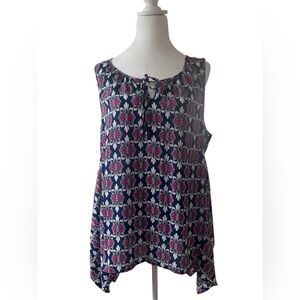 Navy, pink, white sleeveless  lightweight dressy flowy top.